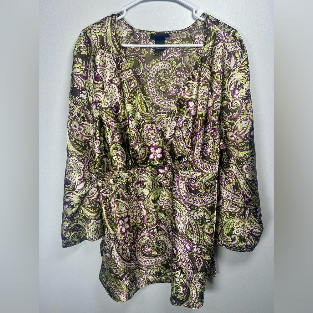 Lane Bryant Paisley Print V neck Women's Satin Top Brown Purple Green size 14/16